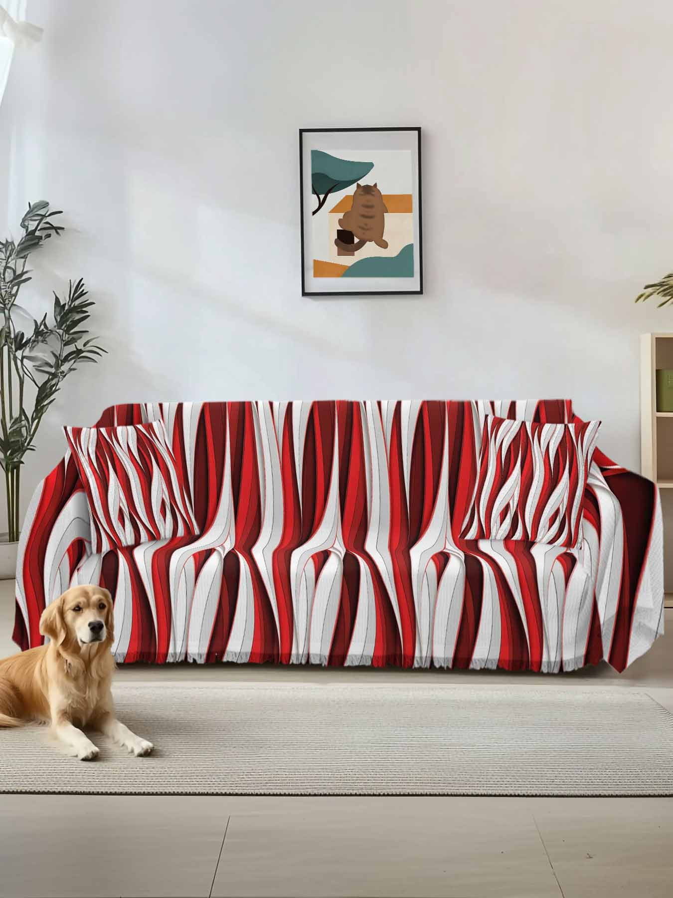 Red White Moire Couch Cover, Modern Abstract Art Oversized Sofa Cover Blanket for 3 Cushion Couch,Sectional Sofa Slipcover Furniture Protector for Living Room Bedroom 71''x150''