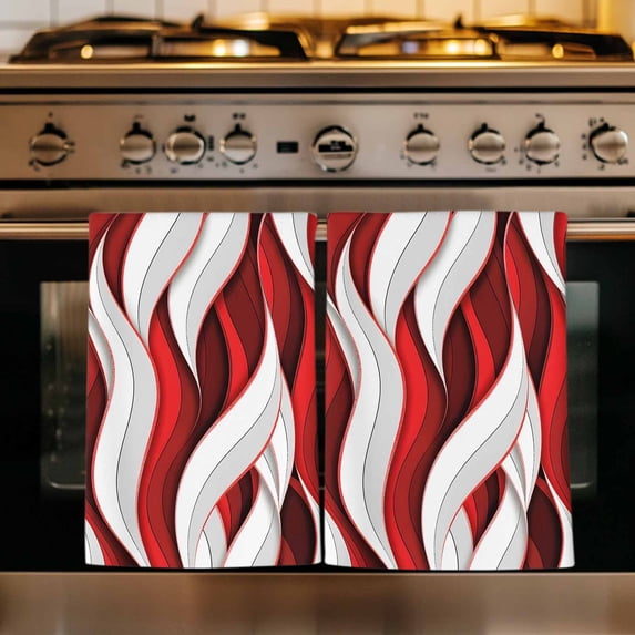 Red White Moire Kitchen Towels Set of 4, Modern Abstract Art Absorbent Dish Towels for Kitchen, Microfiber Hand Towel, Quick Drying Tea Towel for Cleaning Decorative Dishcloths