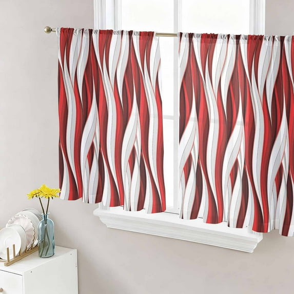 Red White Moire Semi Sheer Curtains 54 Inch Length 2 Panels Set, Modern Abstract Art Sheer Kitchen Curtain Privacy Voile Window Curtain for Living Room Bedroom Rod Pocket Drapes