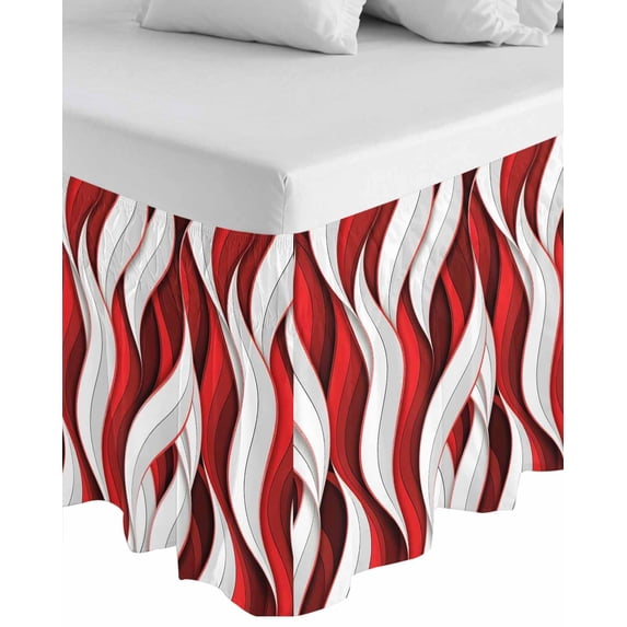 Red White Moire Wrap Around Bed Skirts for Queen Bed 16" Drop, Bed Skirt with Adjustable Elastic Belt Dust Ruffle Bed Valance for Bedroom Hotel Luxury Modern Abstract Art Bed Frame Cover