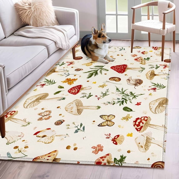 Red White Mushroom Area Rug 4x6 FT, Non Slip Kids Room Carpet, Spring Summer Floral Botanical Washable Soft Floor Carpet Non-Shedding Throw Rug for Dorm Kitchen Study Room Home Office Bedside