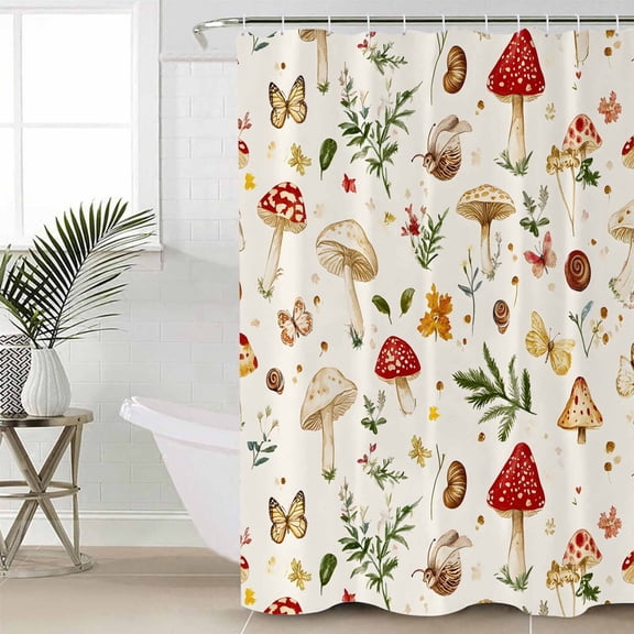 Red White Mushroom Standard Shower Curtain Set, Waterproof Shower Curtains for Bathroom, Spring Summer Floral Botanical Washable Fabric Cloth Bath Curtain for Bathtub with Hooks 72x72 Inches