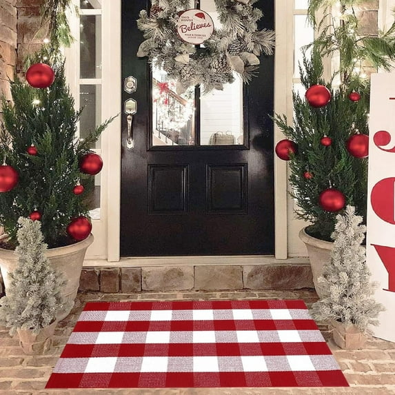 Red and White Outdoor Rug 28"x43" Buffalo Plaid Porch Mat Cotton Woven Machine Washable Carpet for Layered Doormat Hello/Welcome Door Mat,Kitchen,Farmhouse,Entryway