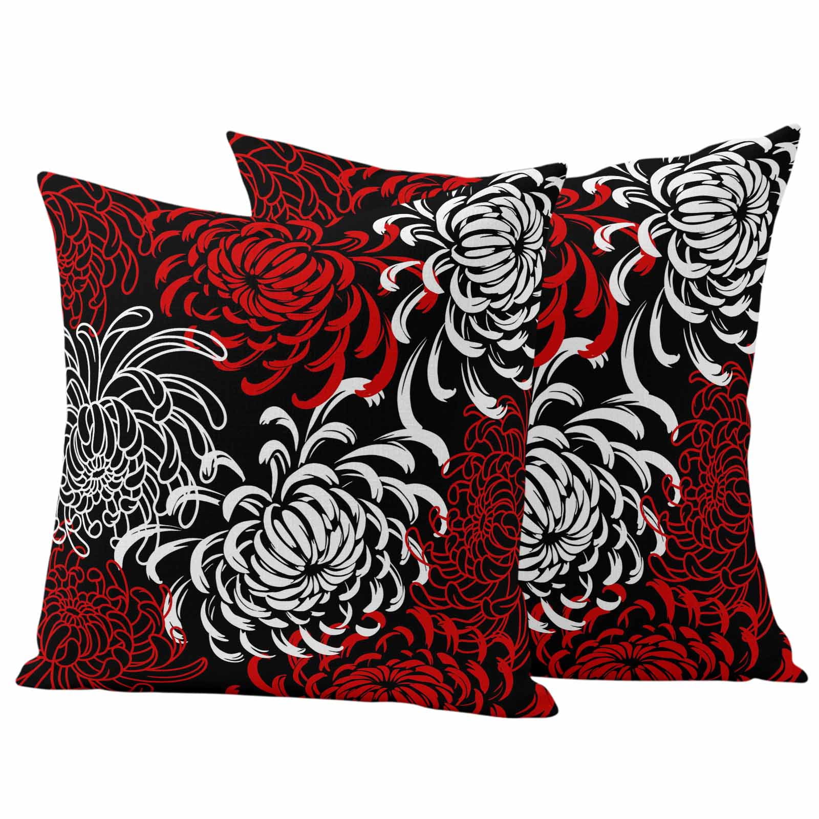 Red White Outdoor Waterproof Pillow Covers, Abstract Black Chrysanthemum Flower Floral Decorative Square Throw Pillowcase Sofa Cushion Sham for Patio/Couch/Chair, 16"x16" 2 Pack