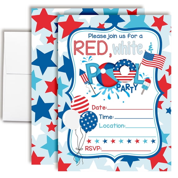 Red, White & POOL 4th of July Birthday Invitations – 20 Fill In the Blank Invites with Envelopes – 5x7 Patriotic Birthday Party Invitations, Red White Blue Birthday by Amanda Creation