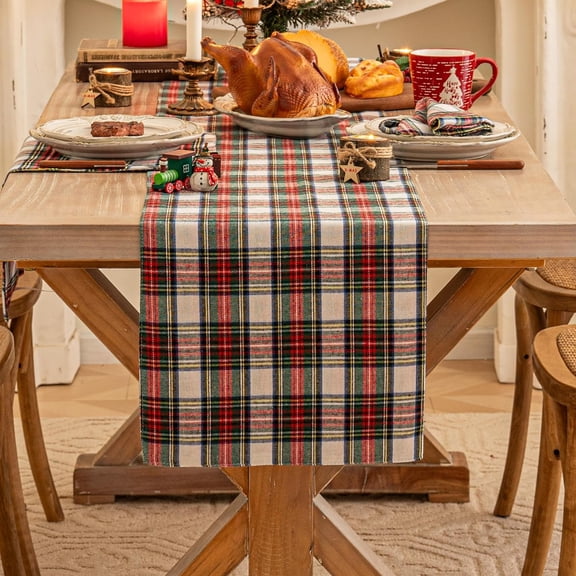 Red White Plaid Christmas Table Runner, Winter Holiday Table Runners 48 inches Long, Xmas Decorations Indoor Outdoor Farmhouse Home Kitchen Dining Party Decor