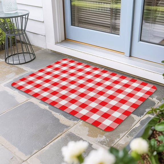 Red White Plaid Door Mat Indoor Outdoor, Modern Farmhouse Buffalo Check Gingham Non Slip Welcome Mat with Rubber Backing, Absorbent Fabric Front Door Mats Entryway Rug for Home Patio Entrance 16"x24"