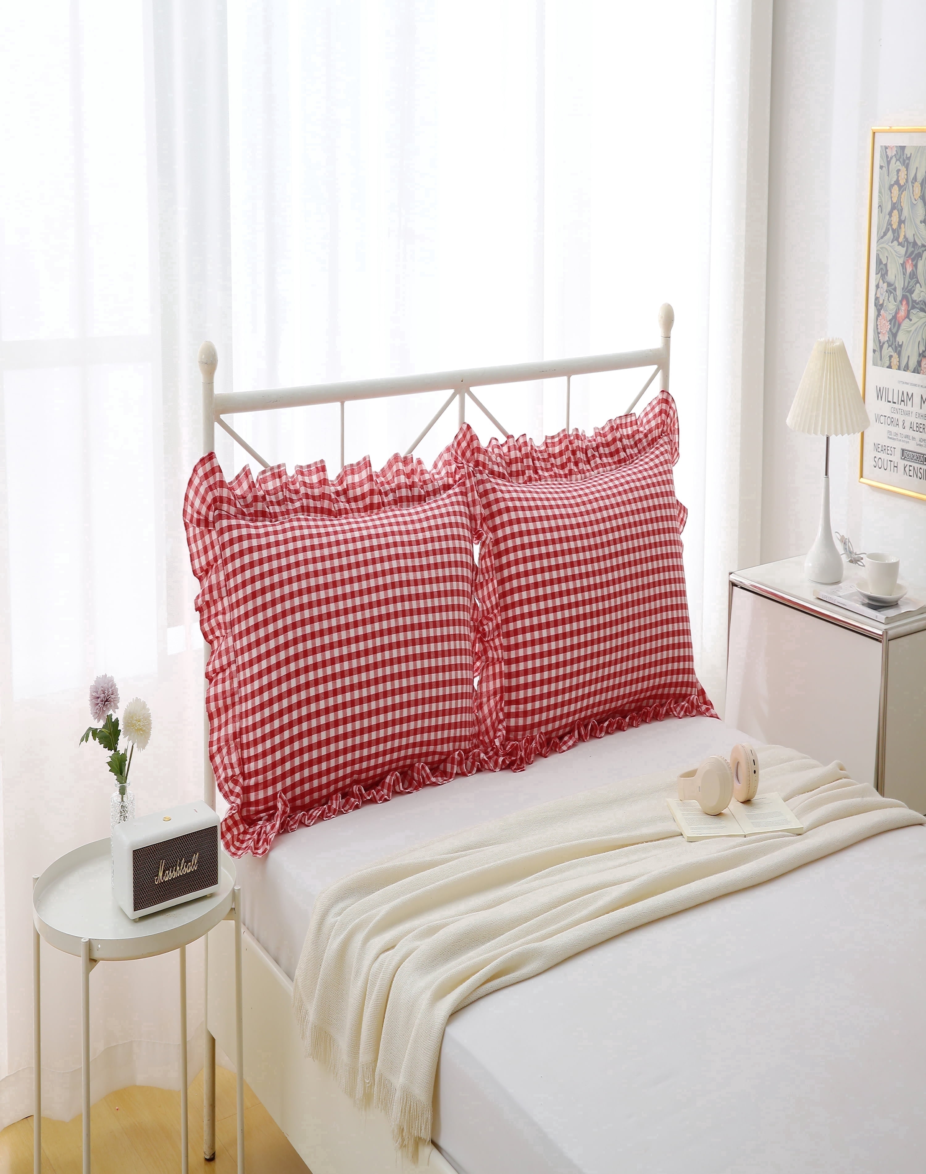 Red White Plaid Euro Pillow Shams with Ruffles Checkered Pillowcases Gingham Pillow Cases Washed Cotton Farmhouse Cottage Pillow Covers for Bed/Sofa(26X26inches,Red/White Plaid) 2 Pack