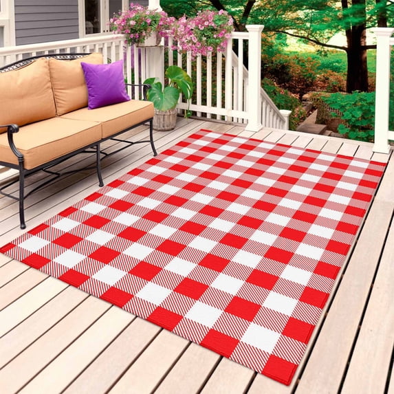 Red White Plaid Outdoor Rug 4x6 Ft, Non Slip Washable Area Rug, Modern Farmhouse Buffalo Check Gingham Patio Rugs Carpet Runner, Large Floor Mat for Indoor/Outdoor Deck Porch Camping