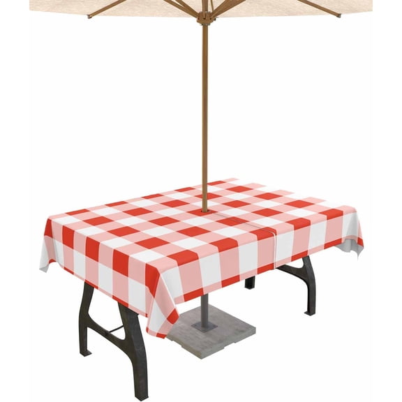 Red White Plaid Outdoor Tablecloth with Umbrella Hole Rectangle,Gradient Geometric Buffalo Checkered Waterproof Table Cloth Washable Wipeable Cover Spill Proof for Patio Summer Picnic BBQ 60"x102"
