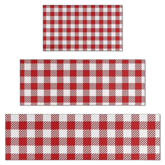 Red and White Plaid Pattern Kitchen Rugs Sets Of 3,Kitchen Runner Rugs Non Skid Washable,Decorative Kitchen Floor Mats for Kitchen,Sink,Laundry,17"x30"+ 17"x47" + 17"x59"