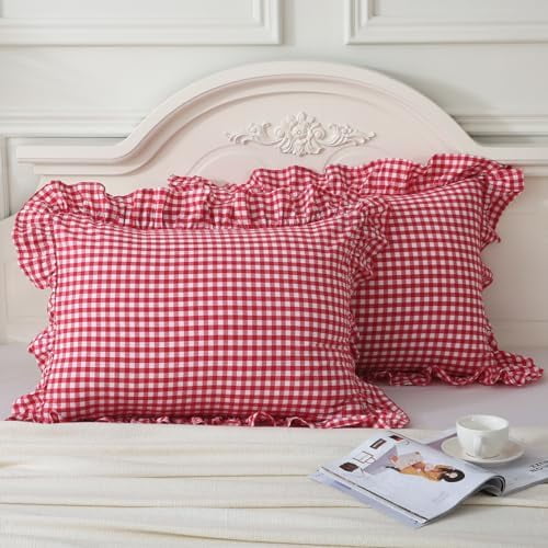 Red/White Plaid Pillow Shams Standard Size Set of 2,Shabby Checkered Washed Cotton Ruffle Pillow Covers-20 x26,Red/White Plaid