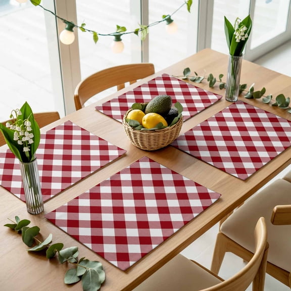 Red and White Plaid Placemats Set of 4,Wipeable Washable Table Mats for Dining Tables, Buffalo Check Tartan Place Mats for Kitchen Event Party Tabletop Decor