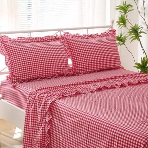 Red White Plaid Ruffle Sheets Twin Size 4-Piece Set, 300TC 100% Yarn Dyed Cotton Sheets Deep Pocket Farmhouse Gingham Decorative Bed Set (Red/White Plaid, Twin)