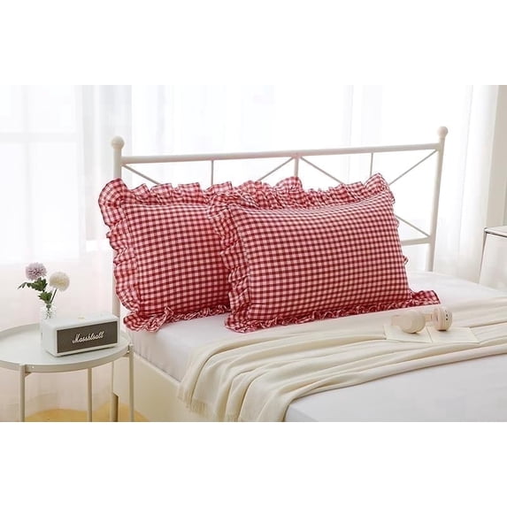 Red White Plaid Ruffles Pillow Shams Checkered Pillowcases Gingham Queen Size Pillow Cases Washed Cotton Farmhouse Cottage Pillow Covers for Bed/Sofa(20X30inches,Red/White Plaid),2 Pack