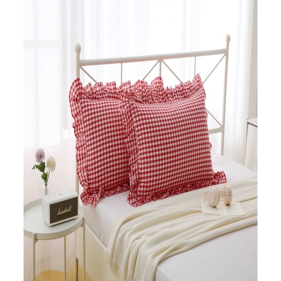 Red White Plaid Square Pillow Shams with Ruffles Checkered Pillowcases Gingham Pillow Cases Washed Cotton Farmhouse Cottage Pillow Covers for Bed/Sofa(18X18inches,Red/White Plaid) 2 Pack