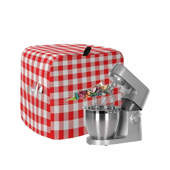 Red White Plaid Stand Mixer Dust Cover with Storage Pocket & Handles,Modern Farmhouse Buffalo Check Gingham Fits All Tilt Head & Bowl Lift Kitchen Appliance Cover Organizer Bag Accessories,6-8 Quart