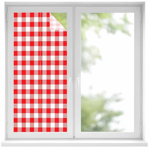Red White Plaid Window Privacy Film, Modern Farmhouse Buffalo Check Gingham Static Cling UV Sun Blocking Heat Control Window Tint, Non-Adhesive One Way Windows Privacy Cover 17.7''x39.3''