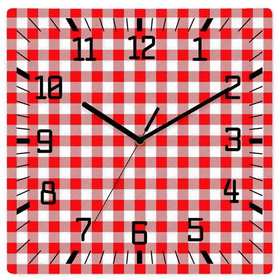 Red White Plaid Wooden Wall Clock Silent Non Ticking, Modern Farmhouse Buffalo Check Gingham Square Wall Clocks Battery Operated, Decor Clock for Home Office, Living Room, Kitchen, 12 Inch