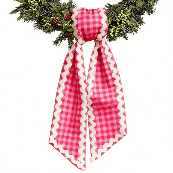 Red White Plaid Wreath Sash with Wavy Edge, Canvas Polyester Bow Ribbon for Front Door Decor Party Wedding(RL Pink 1 PC)