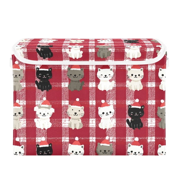 Red White Plaids Cartoon Cat Christmas Hats Foldable Storage Bins with Lids Handles Collapsible Storage Containers Tote Boxes 16.5 x 12.6 x 11.8 inches