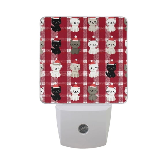 Red White Plaids Cartoon Cat Christmas Hats LED Night Light Sensor Lamp Plug-in Adjustable Brightness 2 Pack