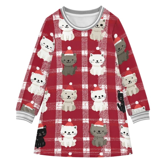 Red White Plaids Cartoon Cat Christmas Hats Long-sleeved Dress A-line One-Piece Dress for 2-8 Years Casual Party 2T