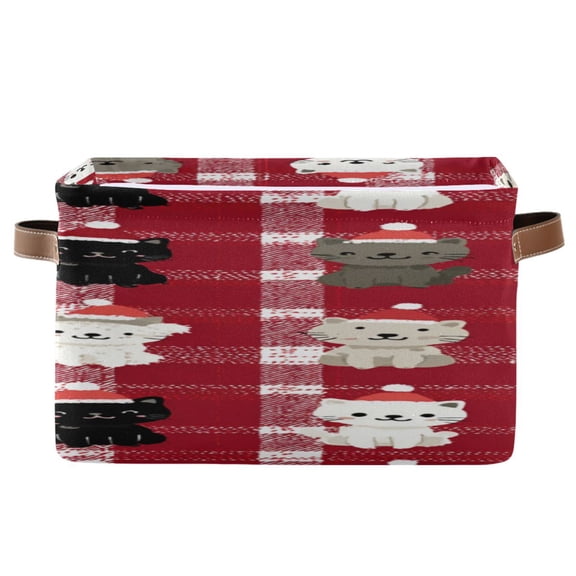Red White Plaids Cartoon Cat Christmas Hats Square Storage Bins with Handles Collapsible Containing Box 1 Pack