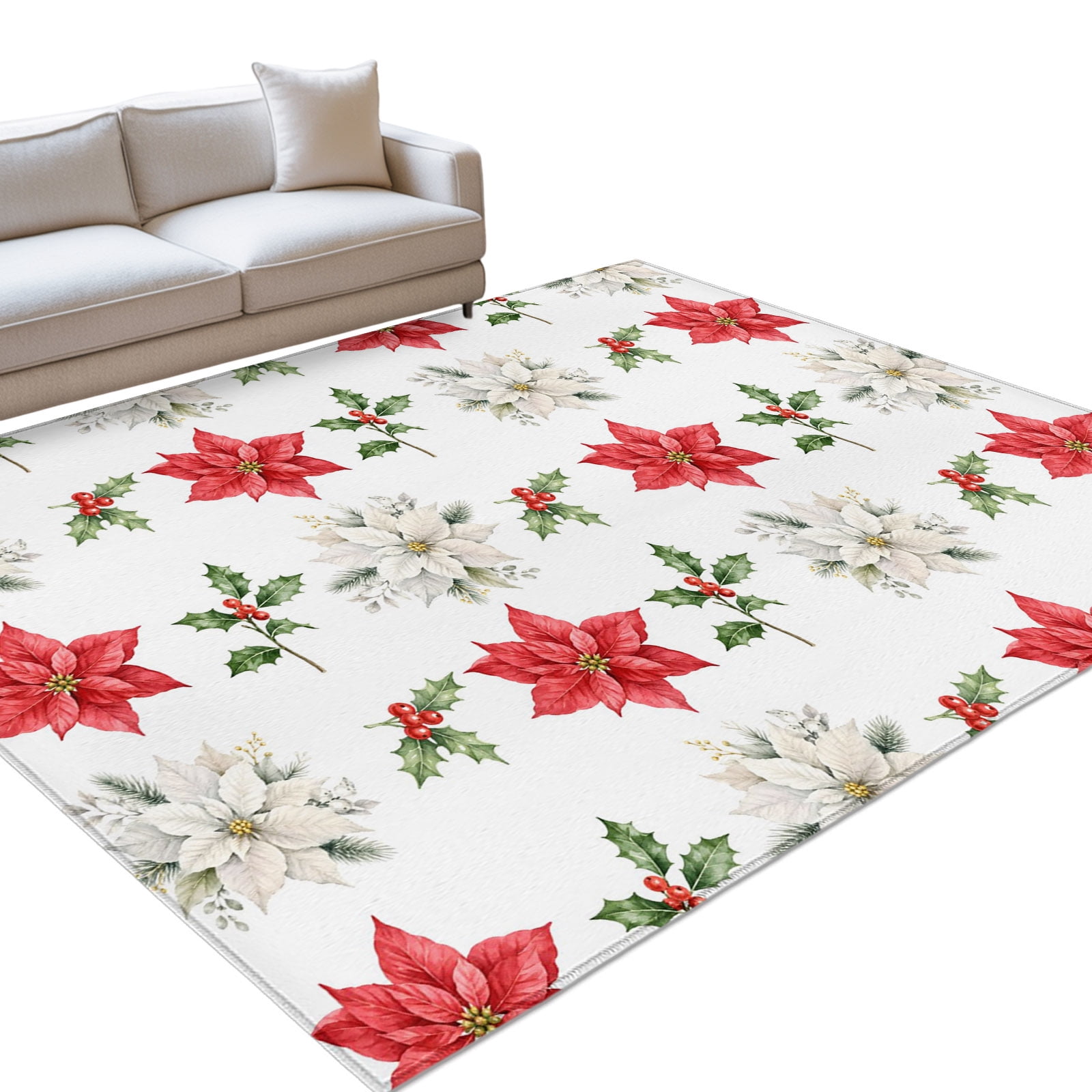 Red White Poinsettias Area Rug 3'x5', Winter Red Floral Berry Green ...