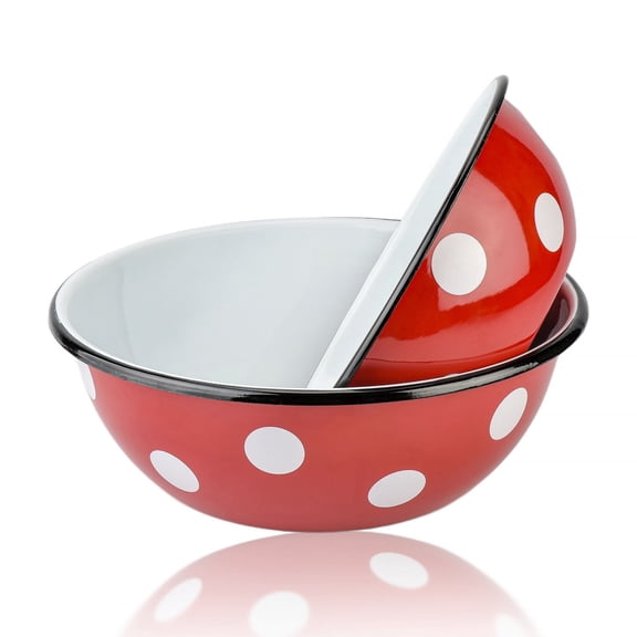 Novomoskovsjka Posuda Red White Polka-Dot Enamel Steel Bowl Set of 2