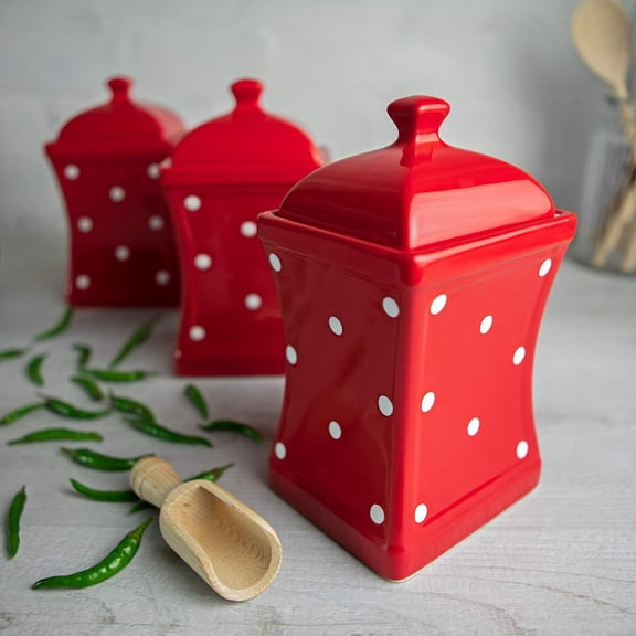 Red & White Polka Dot Handmade Ceramic Kitchen Storage Jar Set of 3, Large Canisters for Tea, Coffee, Sugar