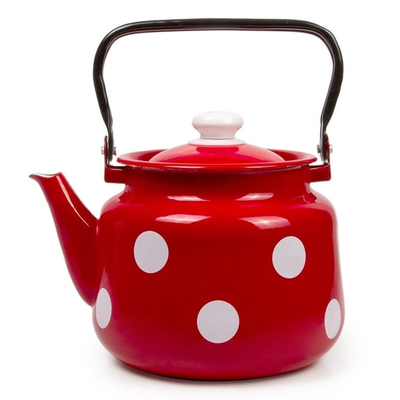 Red White Polka-dot Enameled Steel Serving Tea Kettle and Tea pot 3.7-qt. (3.5 L)
