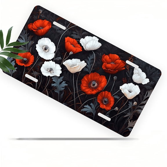 Red and White Poppies Front License Plate, Metal License Plate, Funny Standard Plates Personalized Novelty Decorative For Men/Women/Boys/Girls Car 6×12 Inch