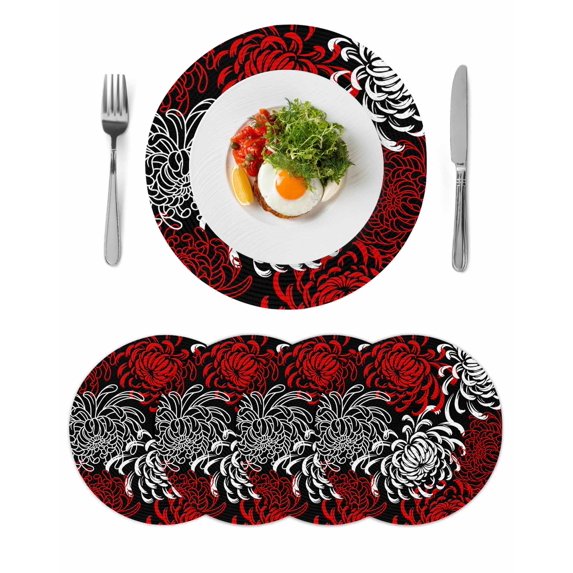 Red White Round 13 Inch Placemats Set of 4, Abstract Black Chrysanthemum Flower Floral HeatResistant Non Slip Place Mats for Dining Table, Wipeable Braided Kitchen Table Mats for Housewarming