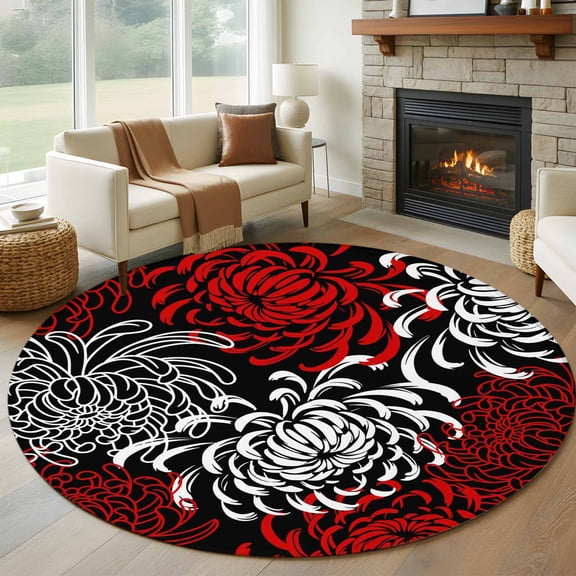 Red White Round Area Rug 6 FT,Non Slip Bedroom Area Rug,Abstract Black Chrysanthemum Flower Floral Washable Soft Circular Carpet Non-Shedding Floor Mat for Kitchen Dining Room Home Office Kids Room