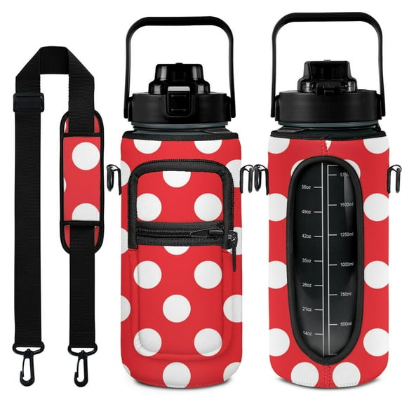 Red & White Round Dot 64 Oz Water Bottle with Measurements - BPA Free Leakproof Sport Large Plastic Water Bottle with Straw&Time Marker & Insulated Neoprene Holder Carrier Bag Gift for Women Men