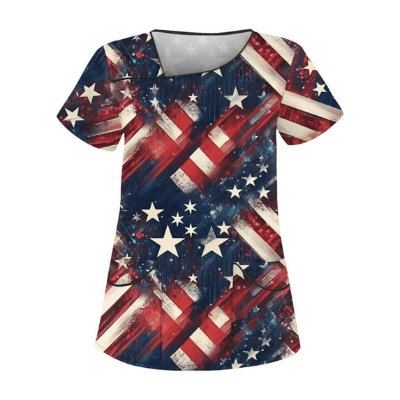 Red White And Royal Blue, 4Th Of July Scrub Tops Women Plus Size Skew Collar Short Sleeve Workwear With Double Layer Pockets Blue American Flag Top Scrubs For Outfits Tank (4XL, Blue) ZMTing