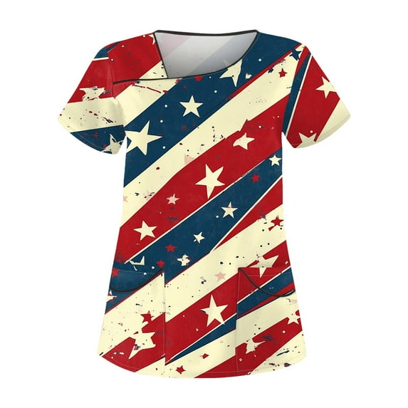 Red White And Royal Blue, 4Th Of July Scrub Tops Women Plus Size Skew Collar Short Sleeve Workwear With Double Layer Pockets Blue American Flag Top Womens Summer Pants Outfits (5XL, Red) ZMTing