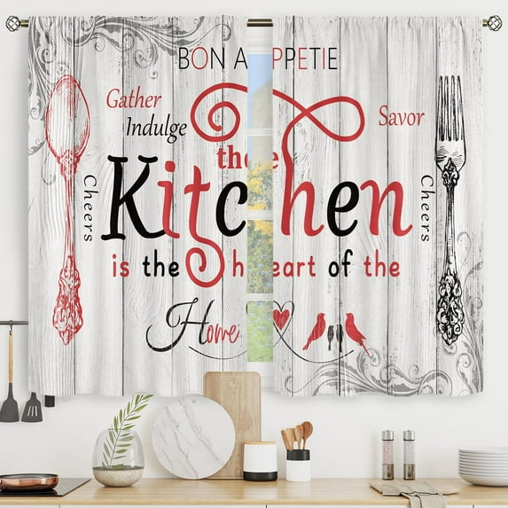 Red White Rustic Farmhouse Kitchen Curtains Vintage Country Wooden Plank Board Fork and Spoon Retro Wood Rod Pocket Funny Quotes Bedroom Living Room Treatment Fabric 2 Panels 27.5Wx39H Inch