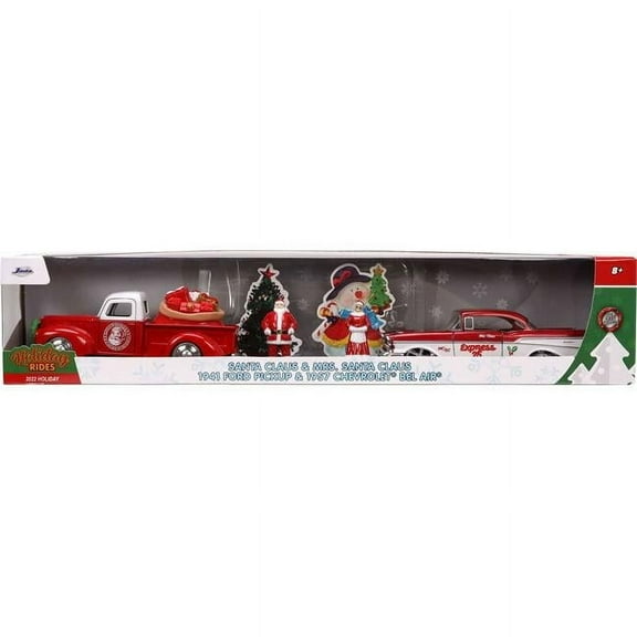 Red & White Santas Workshop & 1957 Chevrolet Bel Air Red Metallic & White Express 25 in. with Mr. & Mrs. Santa Claus Diecast Figures Holiday Rides Series 1 by 32 Scale Diecast Model Cars