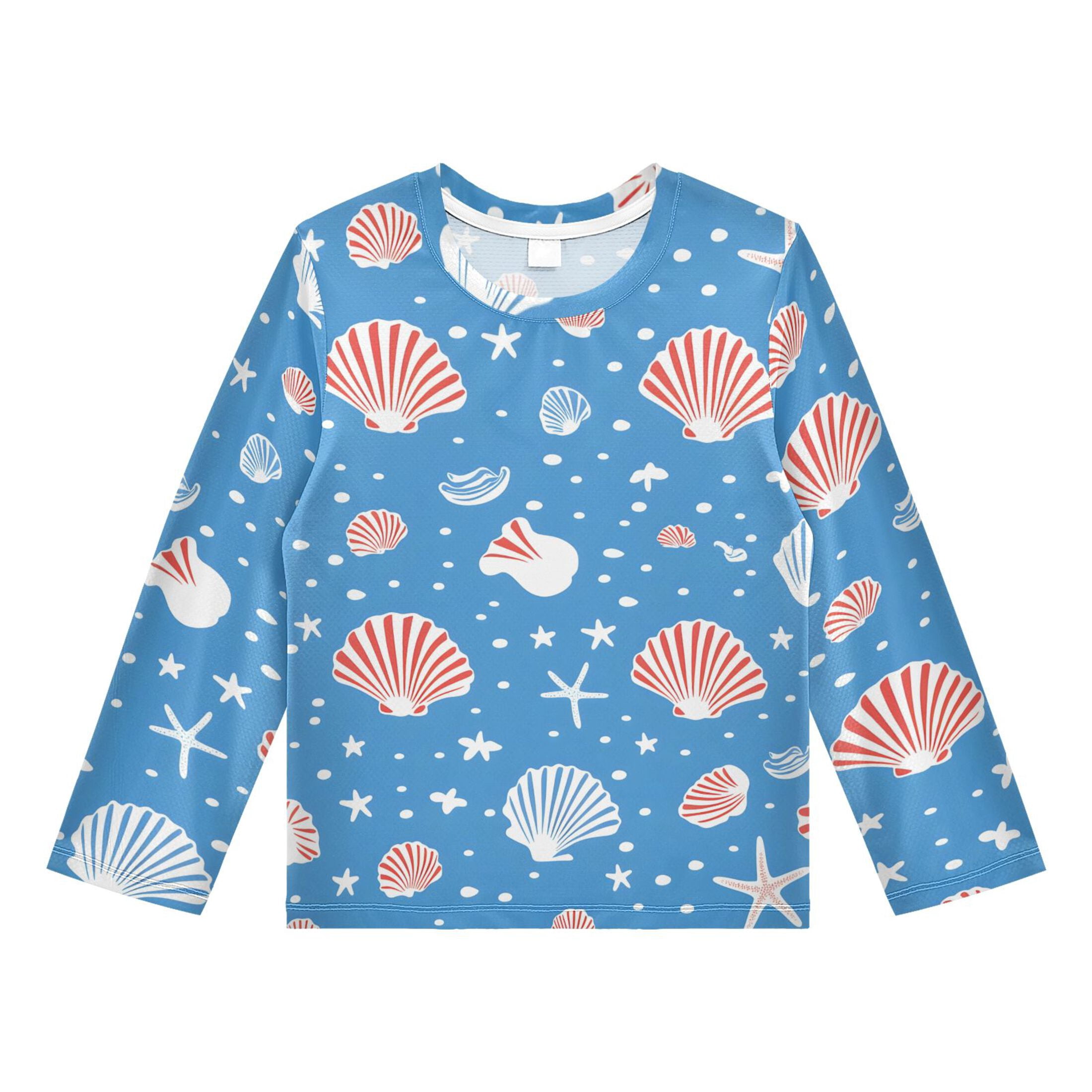 Red White Shell Star Pattern Boys' Rash Guard Shirts UPF 50 Plus Sun ...