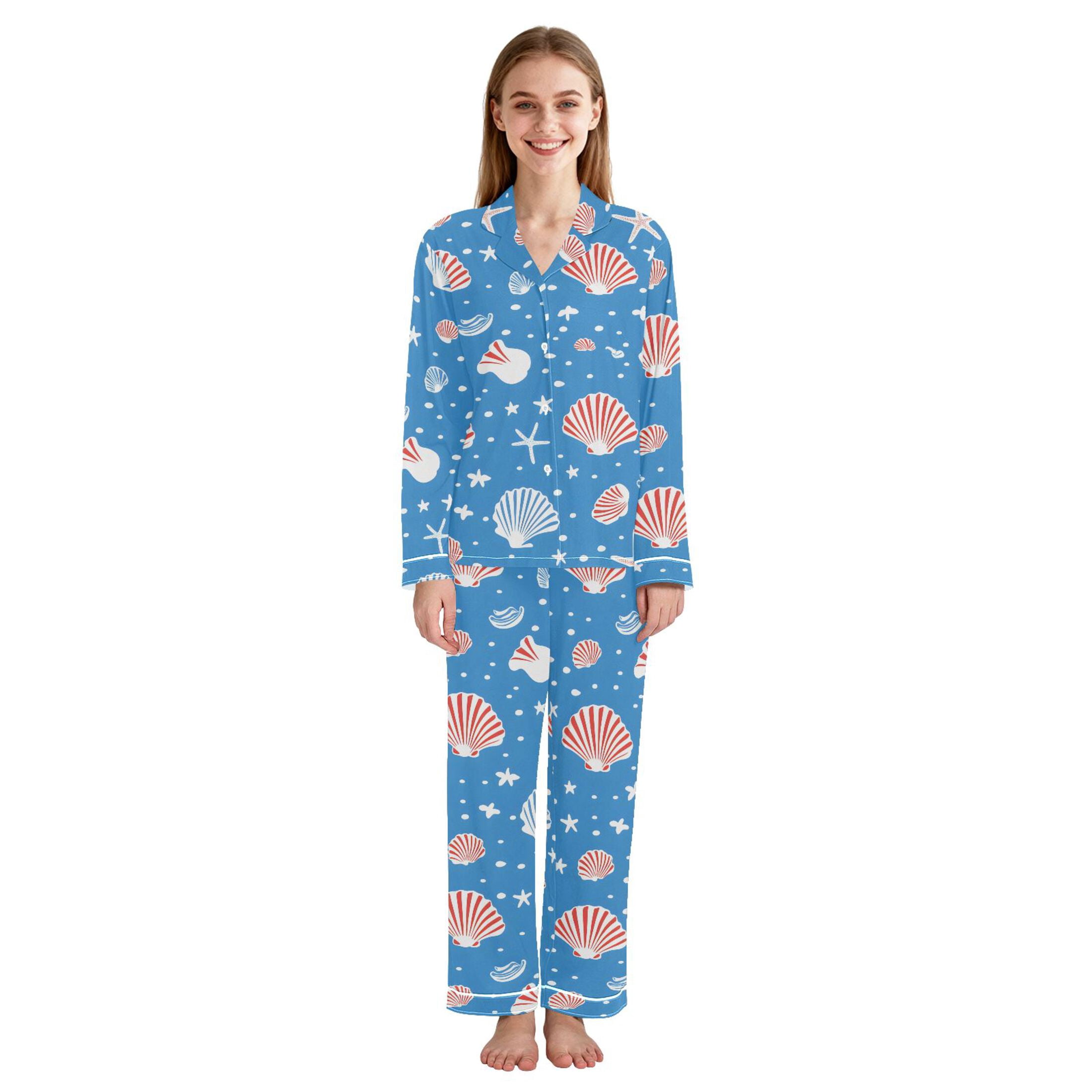 Red White Shell Star Pattern Women Pajama Set Soft Notch Collar Button ...