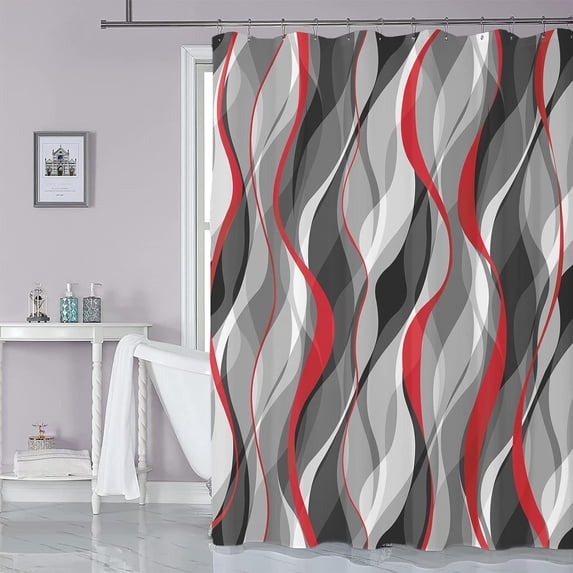 Red and White Shower Curtain for Bathroom Red and Gray Shower Curtain Fabric Modern Abstract Striped Minimalist Bath Curtains Waterproof Shower Curtains Set, Black Gray White, 72 x 72 Inch
