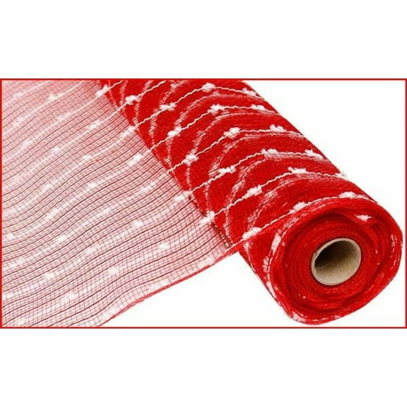 Red White Snowball Metallic Poly Deco Mesh, 21 inches x 10 Yards (30 Feet)