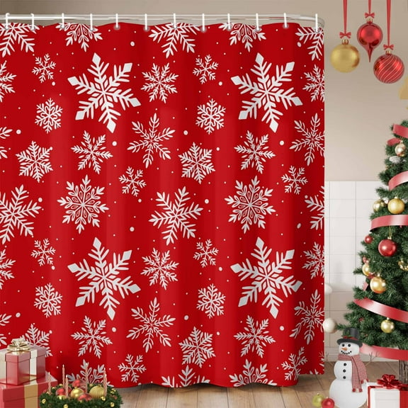 Red White Snowflake Christmas Shower Curtain, Winter Xmas Snowflakes Waterproof Fabric Shower Curtains with 12 Hooks, Bathroom Curtain Set for Bathroom Accessories Decor, 36 x 72 Inches
