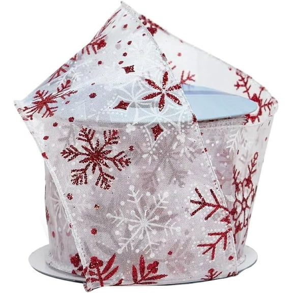 Red White Snowflakes Christmas Ribbon - 2 1/2" x 10 Yards, Wired Edge Ribbon for Crafts, Wreath, Garland, Gifts, Swag, Winter Decor