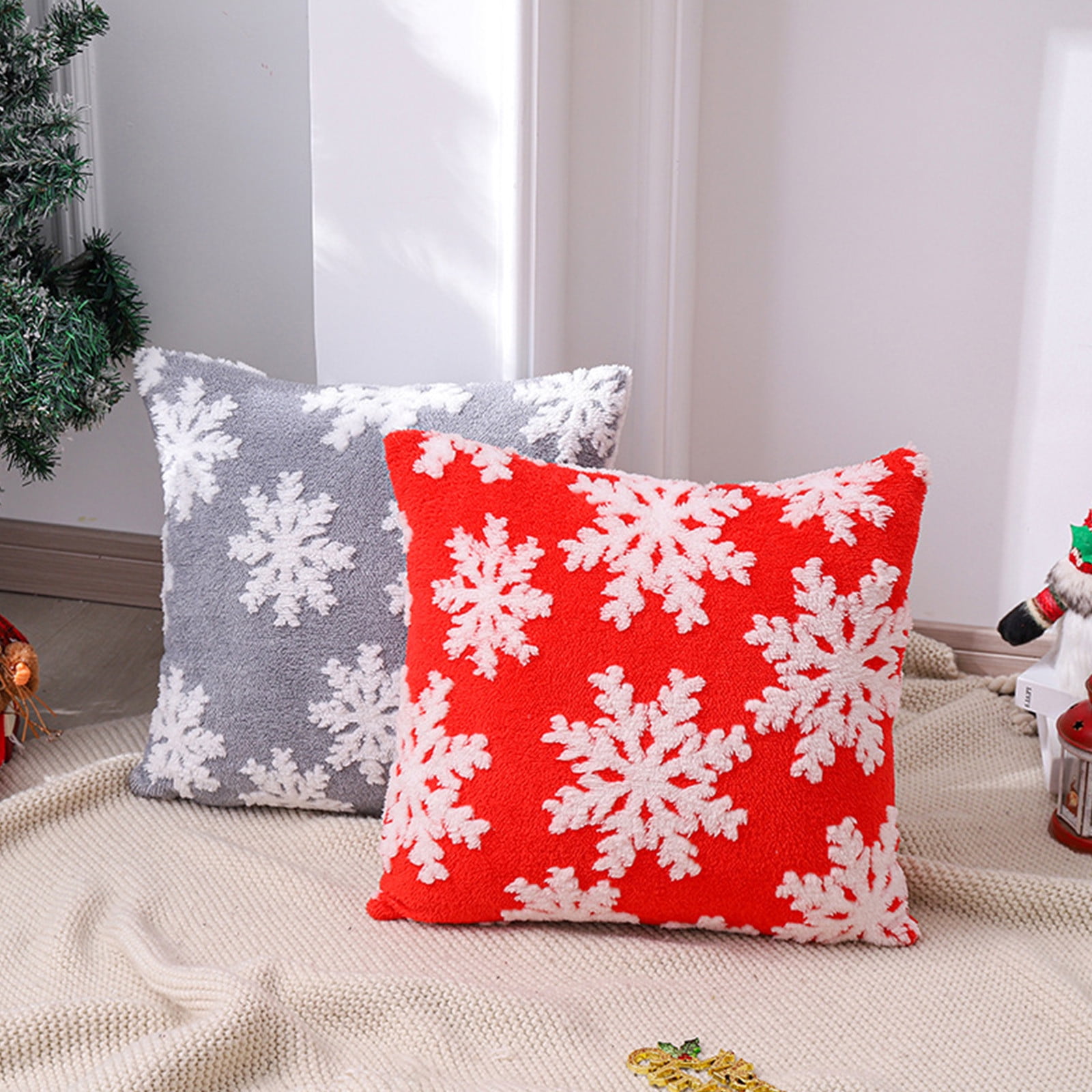 Red Snowflake Polyester Throw Pillow Covers with Pom Pom Fringe, 18x18, Set of 2