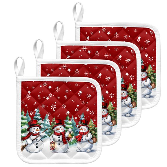 Red White Snowman Christmas Pot Holders for Kitchen Heat Insulation Potholder, Xmas Tree Snowflake Winter Kitchen Pot Holders Sets Washable Oven Hot Pads Cloth Trivet for Cooking Baking 4 Pack