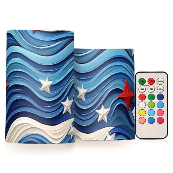 Red White Stars on Blue White Waves Flickering Flameless Candles LED Tealight Battery Operated with Remote Set of 2 Holiday Decor Ornaments