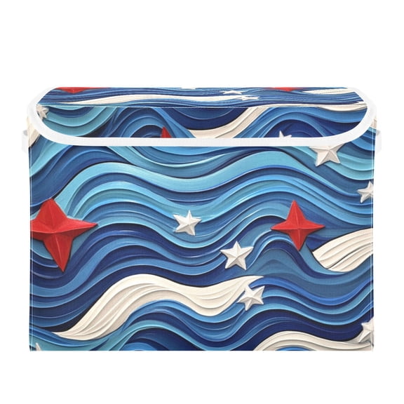 Red White Stars on Blue White Waves Foldable Storage Bin with Lid and Handle Collapsible Storage Box 16.5 x 12.6 x 11.8 inches